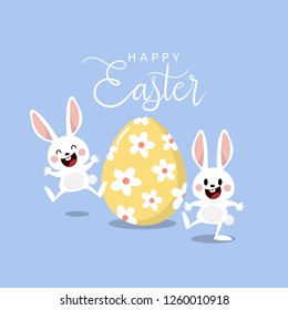 Happy Easter greeting card with cute white bunny and eggs. Rabbit character set. Animal wildlife holidays cartoon vector.