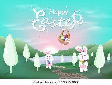 Happy Easter greeting card, cute rabbit and egg in basket, sunset, spring season calligraphy, cartoon invitation poster pastel abstract background vector illustration