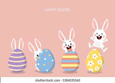 Happy Easter greeting card with cute white bunny and eggs. Welcome spring season with rabbit. Animal wildlife holiday cartoon character. -Vector.