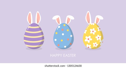 Feliz tarjeta de felicitación de Pascua con adorables orejas de conejito y huevos. Caricatura de la fiesta de la fauna animal.