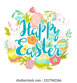 Happy Easter greeting card. Cute bunnies, eggs and flowers for traditional celebration.