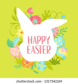 Happy Easter greeting card. Cute bunnies, eggs and flowers for traditional celebration.