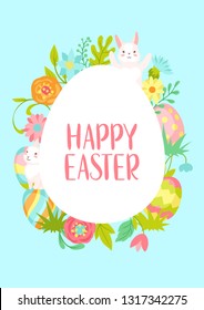 Happy Easter greeting card. Cute bunnies, eggs and flowers for traditional celebration.