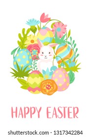 Happy Easter greeting card. Cute bunnies, eggs and flowers for traditional celebration.