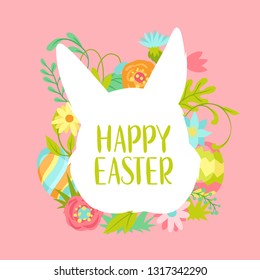 Happy Easter greeting card. Cute bunnies, eggs and flowers for traditional celebration.