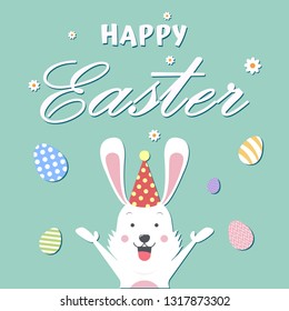 Happy easter greeting card with cute rabbit and colorful eggs,Vector illustration.