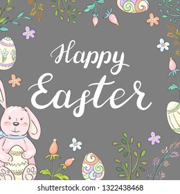 Happy easter. Greeting card with cute bunny, eggs and flowers