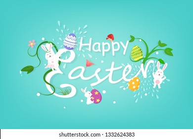 Happy Easter greeting card, cute rabbit with egg, flower and garden poster, calligraphy, cartoon characters, invitation abstract background vector illustration