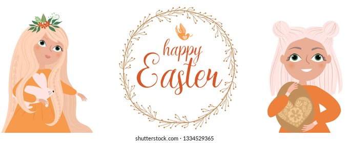 Happy Easter greeting card with cute girls. Editable vector illustration