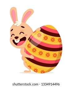 Happy Easter greeting card. Cute rabbit cartoon character standing behind big colored egg. Easter, spring concept. Vector illustration on white background.
