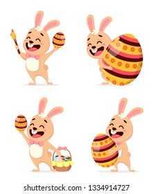 Happy Easter greeting card. Cute rabbit cartoon character, set of four poses. Easter, spring concept. Vector illustration on white background.