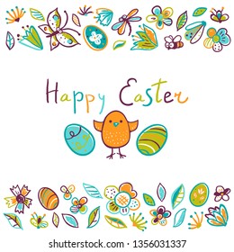 Happy Easter greeting card. Cute hand-drawn illustration with flowers, chicken, eggs, cute insects and lettering. Vector Easter background for posters, postcard