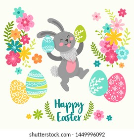 Happy Easter greeting card with cute cartoon character rabbit and design elements. Easter bunny, eggs and flowers. Vector illustration