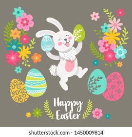 Happy Easter greeting card with cute Easter cartoon character rabbit and design elements. Easter bunny, eggs and flowers. Vector illustration