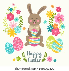 Happy Easter greeting card with cute Easter cartoon character rabbit and design elements. Easter bunny, eggs and flowers. Vector illustration