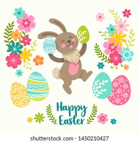 Happy Easter greeting card with cute Easter cartoon character rabbit and design elements. Easter bunny, eggs and flowers. Vector illustration