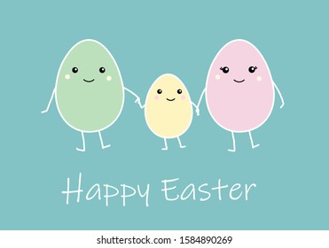 Happy Easter greeting card with Cute cartoon egg family, mather father and kid. Colorful funny smiling character with hands, legs, eyes. Flat design, kawaii style. Blue background. Vector illustration