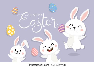 Happy Easter greeting card with cute white bunny and eggs. Rabbit character set. Animal wildlife holidays cartoon. -Vector.