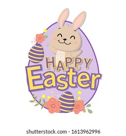 Happy Easter greeting card with cute white bunny and eggs. Rabbit character set. Animal wildlife holidays cartoon. -Vector.