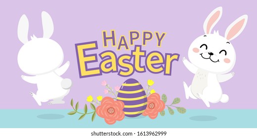 Happy Easter greeting card with cute white bunny and eggs. Rabbit character set. Animal wildlife holidays cartoon. -Vector.