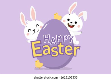 Happy Easter greeting card with cute white bunny and eggs. Welcome spring season with rabbit. Animal wildlife holiday cartoon character. -Vector.