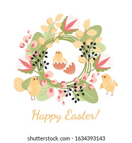 Happy Easter greeting card with cute chickens and eggs on a background of a wreath of flowers and leaves. Vector illustration in cartoon style.
