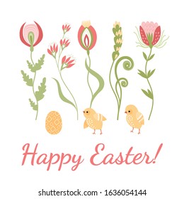 Happy Easter greeting card with cute chickens and eggs on a background of unusual flowers and leaves. Vector illustration in cartoon style.