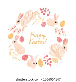 Happy Easter greeting card with cute rabbits, eggs and leaves. Cartoon style vector images