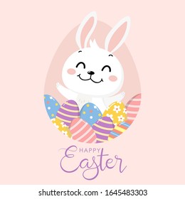 Happy Easter greeting card with cute white bunny and eggs. Welcome spring season with rabbit. Animal wildlife holiday cartoon character. -Vector.