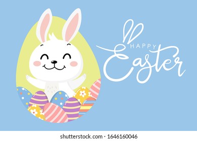 Happy Easter greeting card with cute white bunny and eggs. Welcome spring season with rabbit. Animal wildlife holiday cartoon character. -Vector.