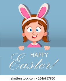 Happy Easter greeting card. Cute little girl wears bunny ears. Funny cartoon character. Stock vector illustration