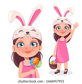 Happy Easter greeting card. Cute little girl wears bunny ears, set of two poses. Funny kid cartoon character holds colored eggs. Stock vector illustration on white background