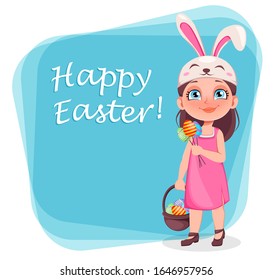 Happy Easter greeting card. Cute little girl wears bunny ears. Funny kid cartoon character holds colored eggs. Stock vector illustration on light background