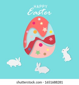 Feliz tarjeta de felicitación de Pascua con lindos conejos y huevo de Pascua, ilustración vectorial estilo arte de papel.