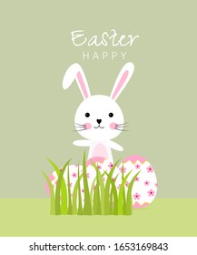 Happy Easter greeting card with cute bunny, colorful egg and grass flat design, Holiday wallpaper with childish rabbit cartoon 