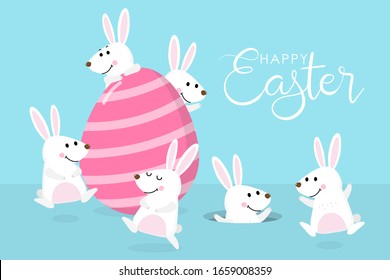 Happy Easter greeting card with cute white bunny and pink eggs. Welcome spring season with rabbit. Animal wildlife holiday cartoon character. -Vector.