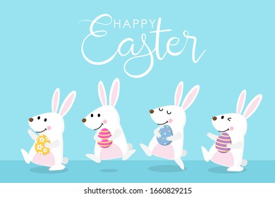Happy Easter greeting card with cute white bunny and eggs. Welcome spring season with rabbit. Animal wildlife holiday cartoon character. -Vector.