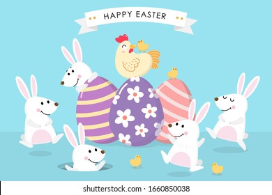 Happy Easter greeting card with cute white bunny, colourful eggs, chicken and little chick. Welcome spring season with rabbit. Animal wildlife holiday cartoon character. -Vector.