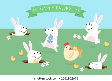 Happy Easter greeting card with cute white bunny, colourful eggs, chicken and little chick in the green garden. Welcome spring season with rabbit. Animal wildlife holiday cartoon character. -Vector.