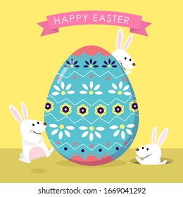 Happy Easter greeting card with cute white bunny and colourful egg. Welcome spring season with rabbit. Animal wildlife holiday cartoon character. -Vector.