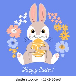 Happy Easter greeting card with сolorful cute bunny and handwritten wishes on blue background. Spring flowers wreath. Vector illustration for Easter day