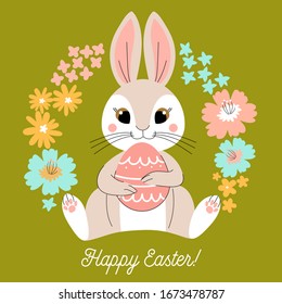 Happy Easter greeting card with cute bunny and handwritten wishes on green background. Spring flowers wreath. Vector illustration for Easter day