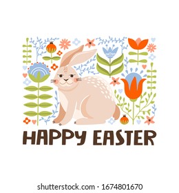Happy Easter greeting card with cute bunny, flowers, leaves and lettering. Rabbit on a floral background. Vector illustration for card, invitation, poster, flyer etc.