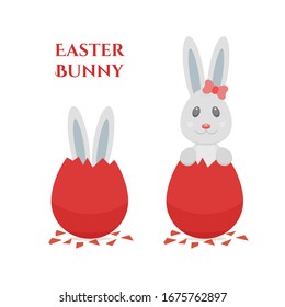 Happy Easter greeting card with cute bunny girl with red bow on ear. Rabbit hatching from red dyed easter egg. Vector holiday design isolated on white background.