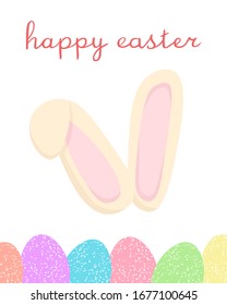 happy easter greeting card with cute cartoon bunny ears and colored eggs on white background with handwritten sign, editable vector illustration for holiday decoration, print, poster, banner