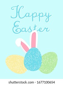 happy easter greeting card with cute cartoon bunny ears and colored eggs on blue background with handwritten sign, editable vector illustration for holiday decoration, print, poster, banner