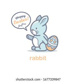 Happy Easter Greeting card with cute bunnies, egg, willow drinking tea. Cute rabbits cartoon characters.