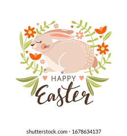Happy Easter greeting card with cute bunny, flowers, leaves and lettering. Rabbits on a floral background. Vector illustration for card, invitation, poster, flyer etc.