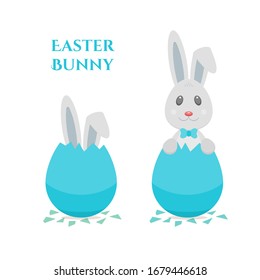 Happy Easter greeting card with cute bunny boy with blue bow and bolded ear. Rabbit hatching from blue dyed easter egg. Vector holiday design isolated on white background.