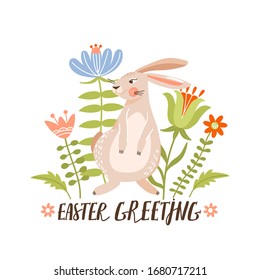 Happy Easter greeting card with cute bunny, flowers, leaves and lettering. Rabbits on a floral background. Vector illustration for card, invitation, poster, flyer etc.